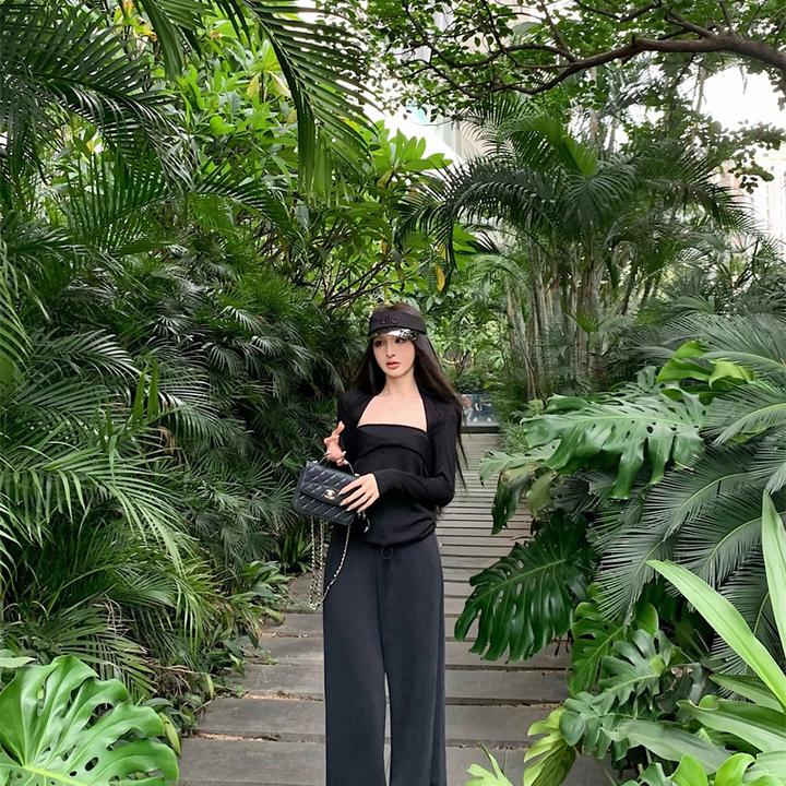 复古气质设计感辣妹抽绳针织抹胸背心上衣裤子开衫套装#22723