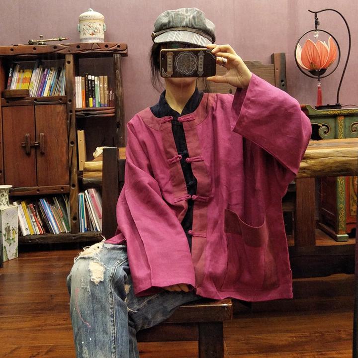 落古泥轻定制原创撞色对襟宽松文艺薄外套1509玫红