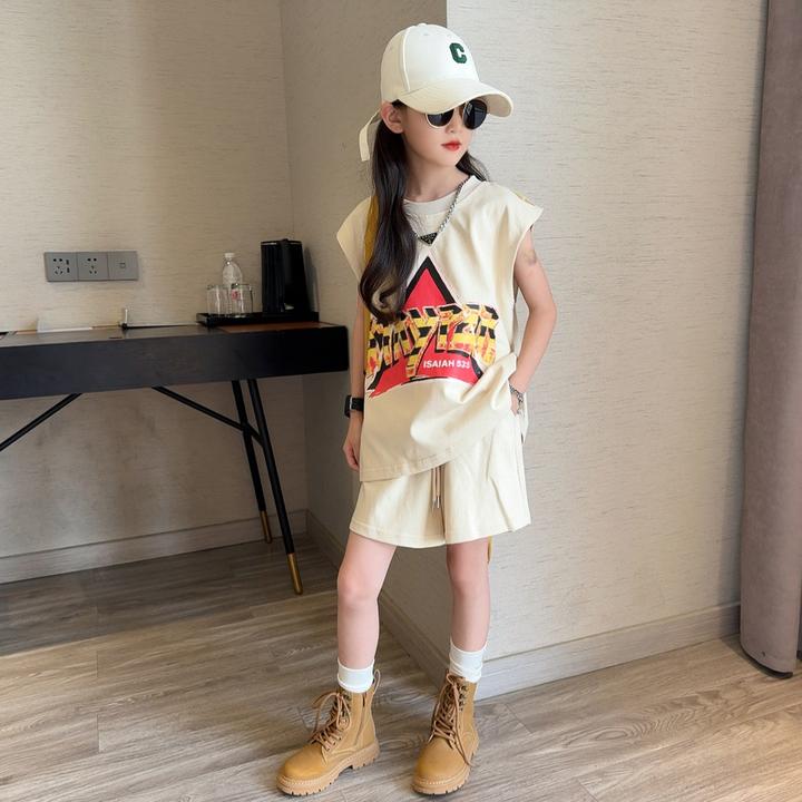 女童休闲无袖套装2025夏季新款大儿童印花坎肩背心运动短裤两件套