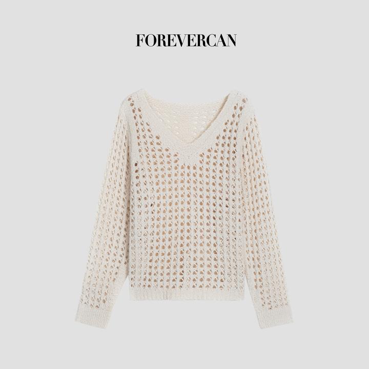 FOREVERCAN“拉姆岛”客定有机精疏棉纱镂空感V领针织上衣 MY4603