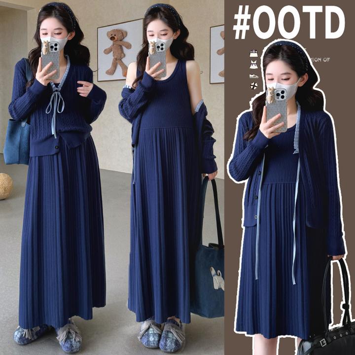 孕妇套装加厚针织孕妇背心裙＋毛衣开衫韩版气质洋气两件套