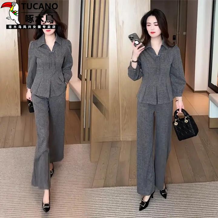 啄木鸟新款秋冬百搭潮流优雅气质减龄盘扣套装长袖时尚显瘦两件套