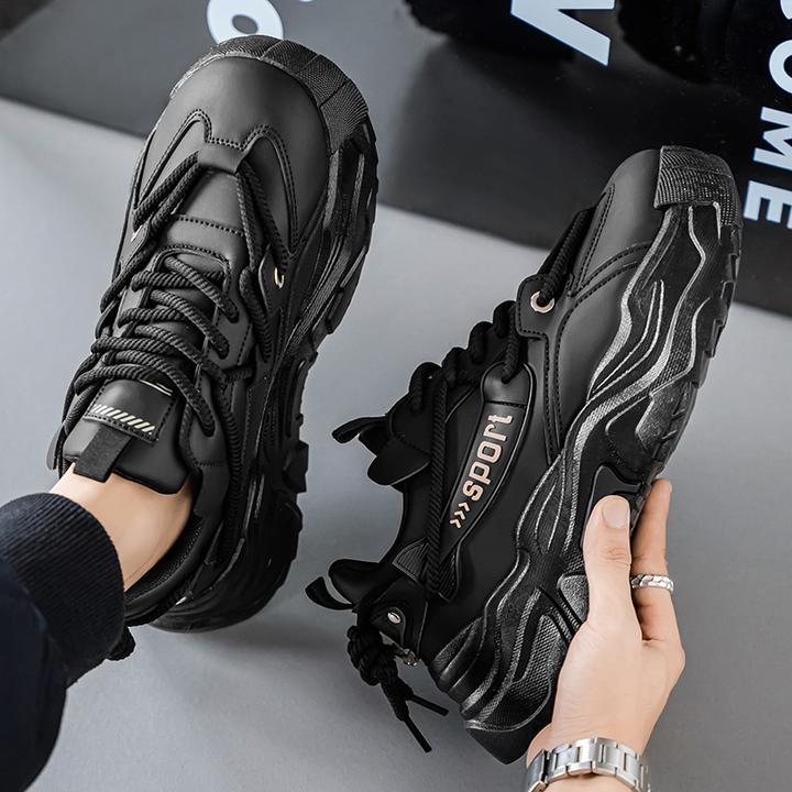 男鞋秋季厚底增高老爹鞋休闲运动鞋皮面软底防滑青少年黑武士潮鞋