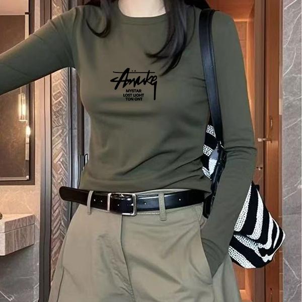 港味军绿女T恤长袖打底圆领基础短款内搭外穿显瘦亲肤弹力螺纹棉