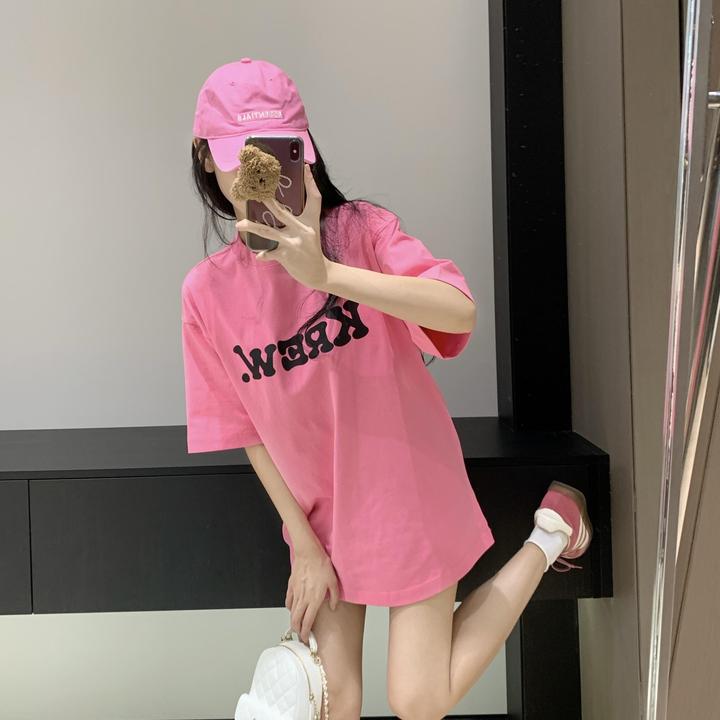 新款夏季短袖t恤粉色设计感休闲百搭宽松圆领小众显瘦ins欧美上衣