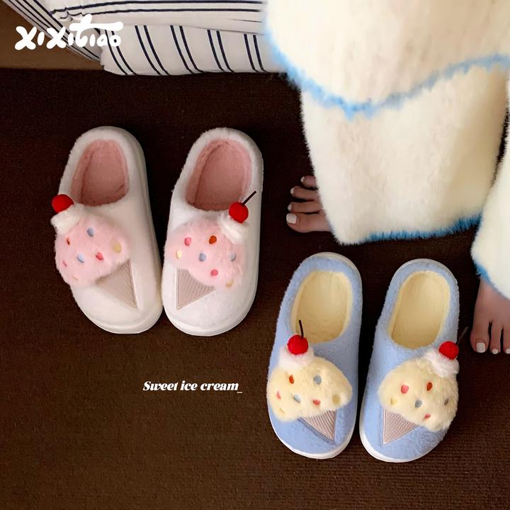 细细条 学生居家少女心冰淇淋棉拖鞋女保暖防滑冬季毛绒绒月子鞋