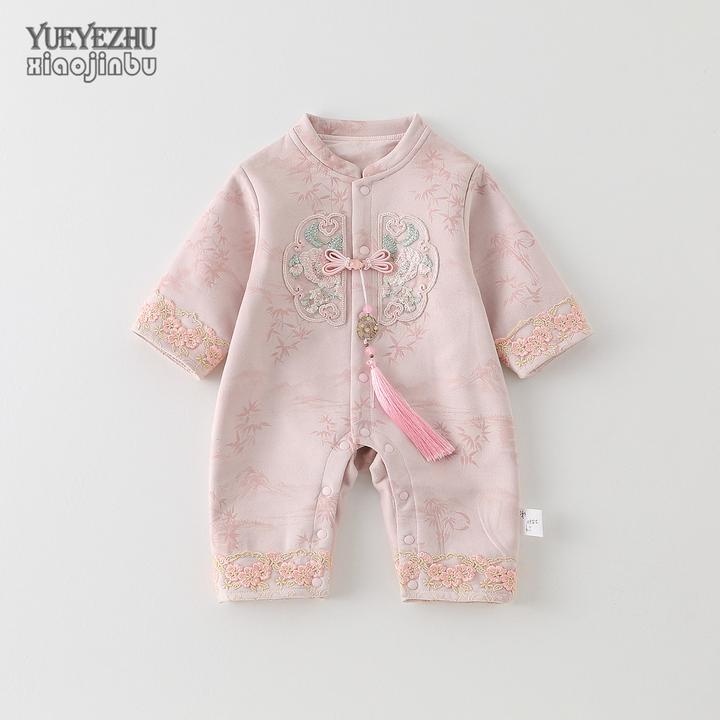 新中式婴儿衣服秋装女宝宝百日宴连体衣春秋洋气公主满月外出哈衣