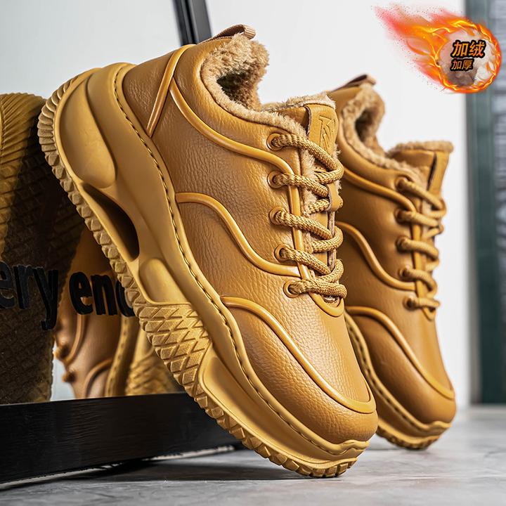 潮牌轻奢男鞋子冬季男士加绒加厚保暖棉鞋皮面运动厚底增高老爹鞋