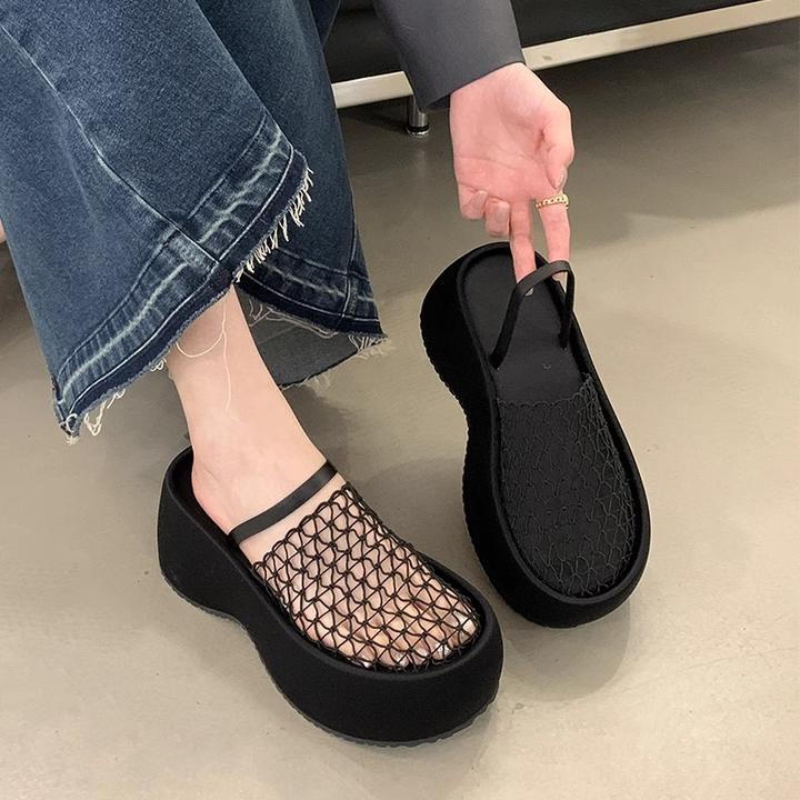 2025新款夏设计感网面镂空透气包头半拖厚底罗马松糕鞋凉拖女外穿