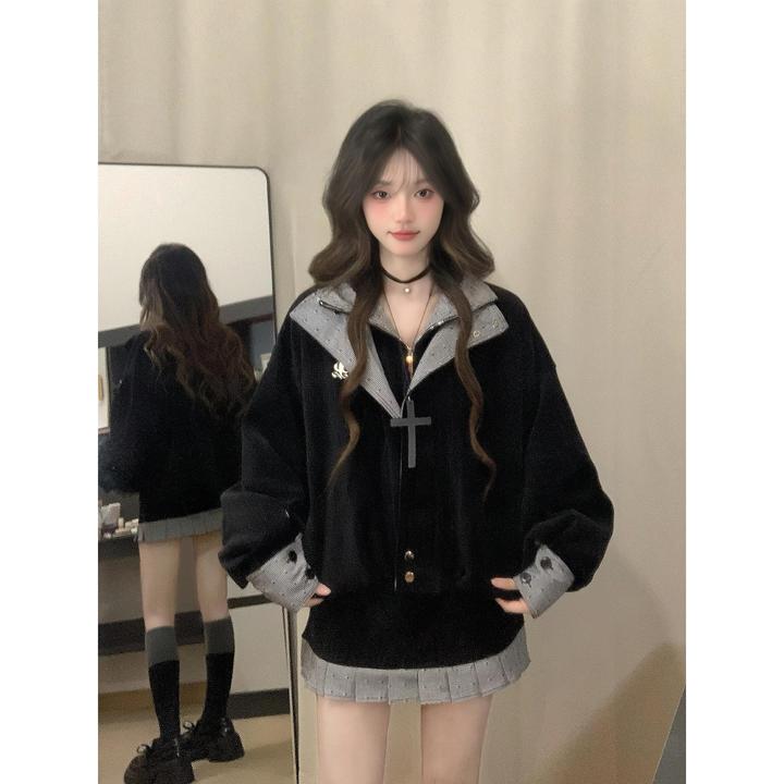 韩系独特超好看宽松慵懒短款夹克外套女春秋季款撞色百搭短款上衣