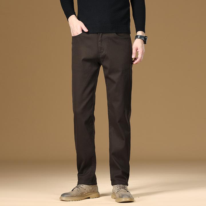 香港高端秋冬新款男士牛仔裤修身直筒休闲长裤弹力商务时尚可可棕