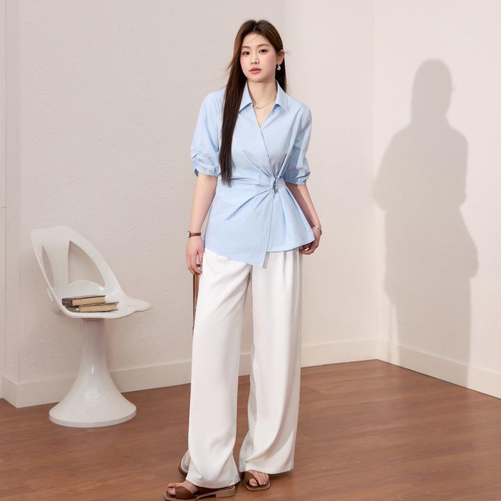 蓝语大码女装设计感微胖mm五分袖显瘦衬衫防晒凉感白色防透直筒裤