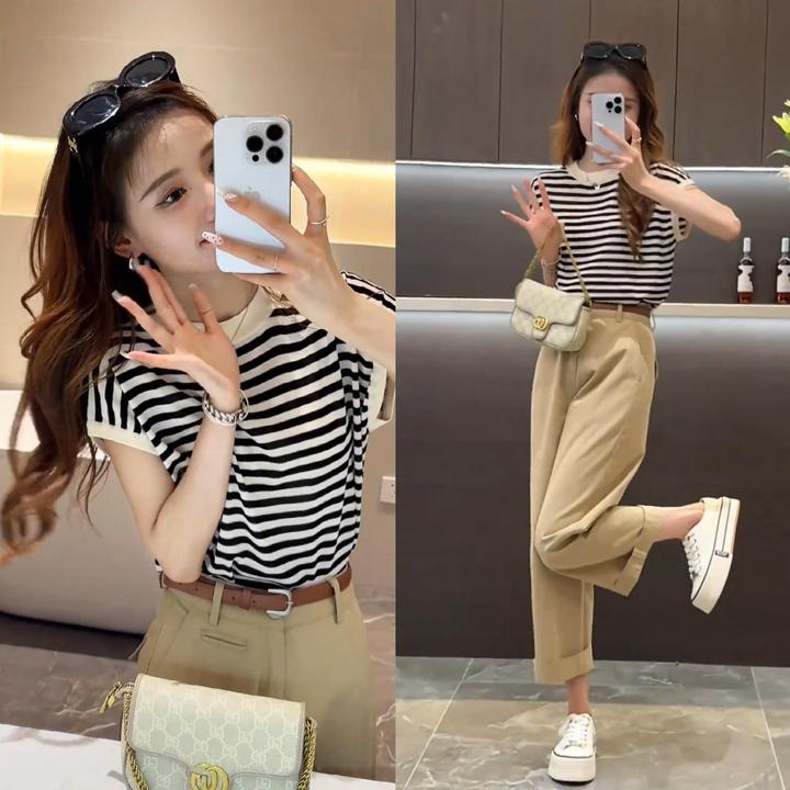 夏新款女针织宽松条纹显瘦百搭上衣纯色宽松简约九分裤休闲裤套装