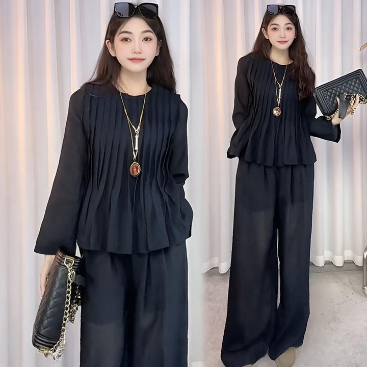 2025新款法式高级感独特绝美两件套春秋圆领上衣休闲阔腿裤女