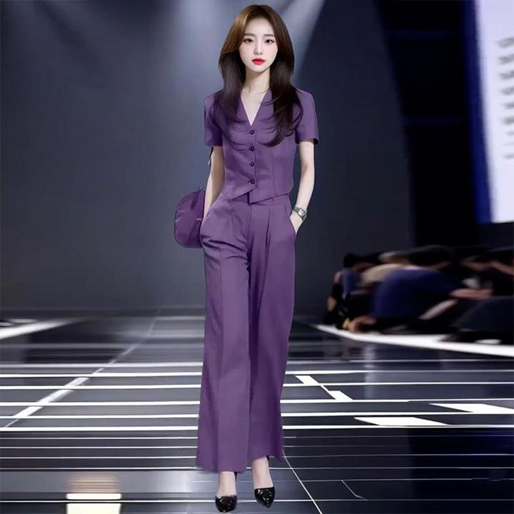 轻奢时尚套装女夏季新款洋气质减龄显瘦V领短袖衬衫高腰阔腿裤两