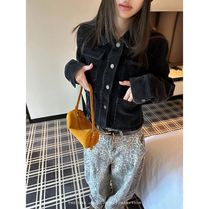 THEISSN宁司 灯芯绒短款长袖外套女早秋新款黑色夹克 01407