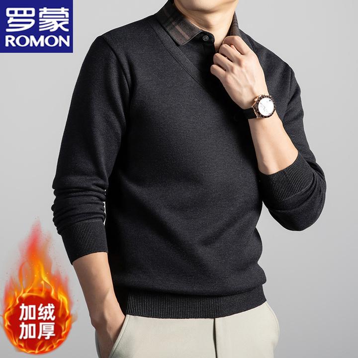 罗蒙含羊毛加绒加厚中年男士假两件毛衣秋冬季百搭针织打底衫男装