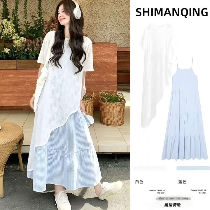 孕妇装夏装新款时尚洋气度假风防晒罩衫显瘦格子吊带裙孕妇连衣裙