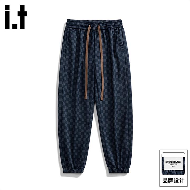 it :CHOCOOLATE宽松束脚格子休闲裤男款春秋季新款直筒美式长裤子
