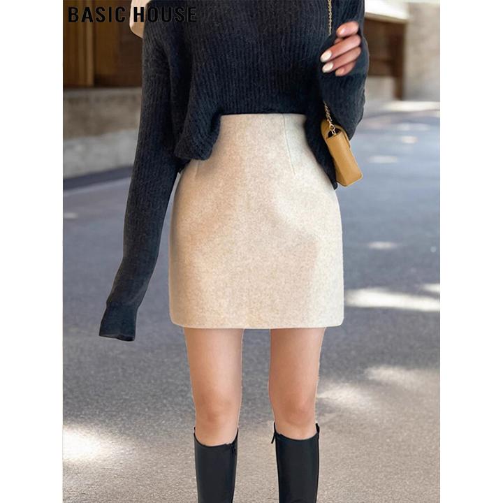Basic House/百家好A字毛呢加厚半身裙女秋冬气质打底包臀短裙子