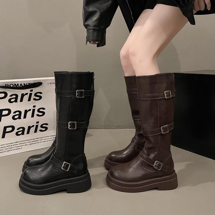 黑色小个子美式显瘦厚底西部牛仔靴子女2025新款秋季增高复古长靴