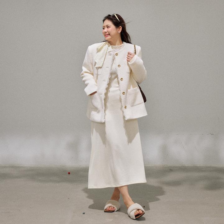 张大人【留洋千金】大码女装微胖妹妹温柔奶白小香风外套蕾丝领长裙