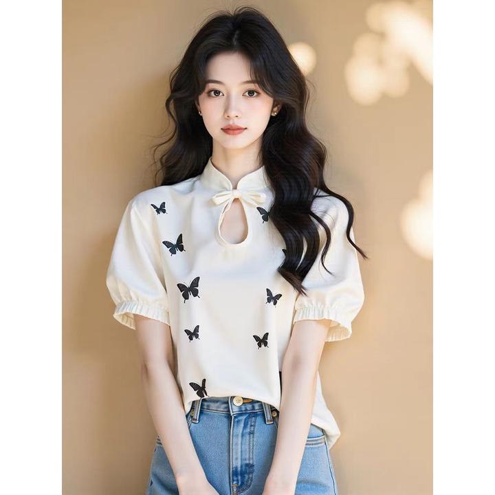 新中式国风女装立领镂空泡泡短袖衬衫女2025夏季新款气质别致小衫