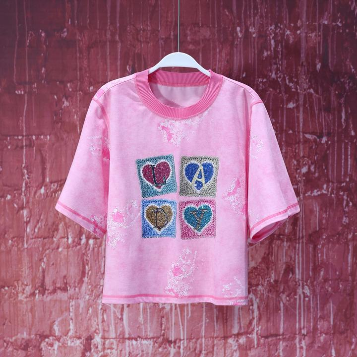 【子秋女装】2025时尚轻奢夏季牡丹粉印花烫钻休闲圆领T恤6887A