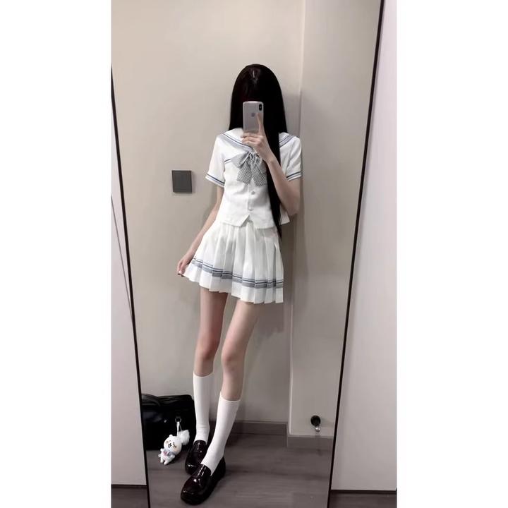 甜美收腰jk制服水手服夏季日系白色学院风短袖上衣百褶短裙套装女