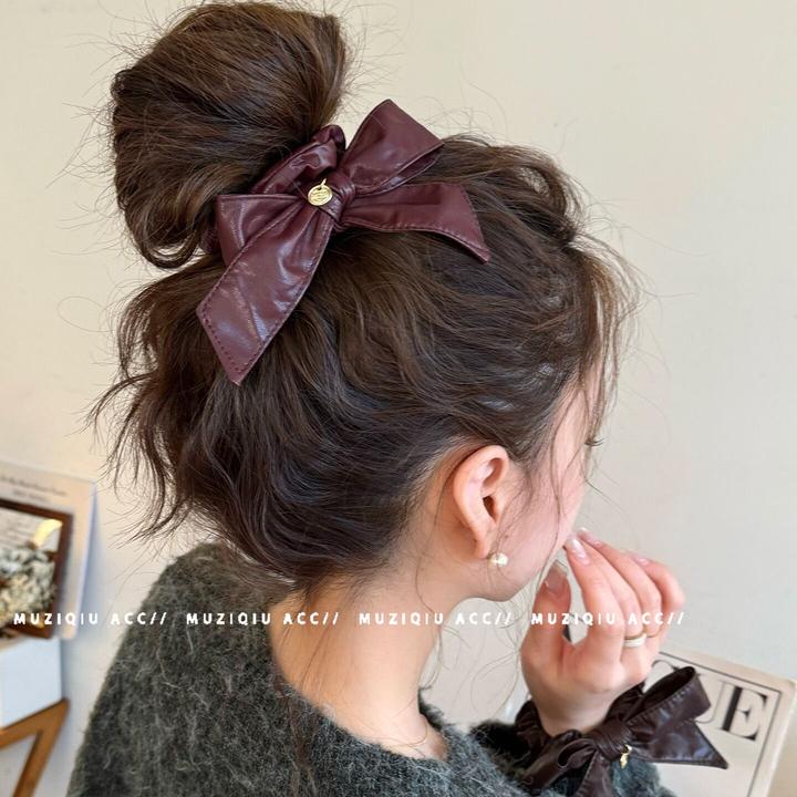 木子秋韩系复古皮质蝴蝶结发圈高级感时髦洋气法式优雅简约搭发饰