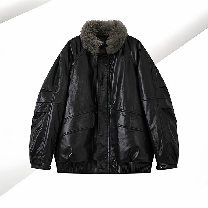 [ 黑色诱惑]进口山羊绒毛领宽松保暖黑色皮衣鹅绒服女外套