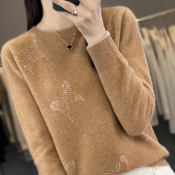 跨境新款蝴蝶烫钻圆领一线成衣毛衣女秋冬套头针织衫打底上衣内搭