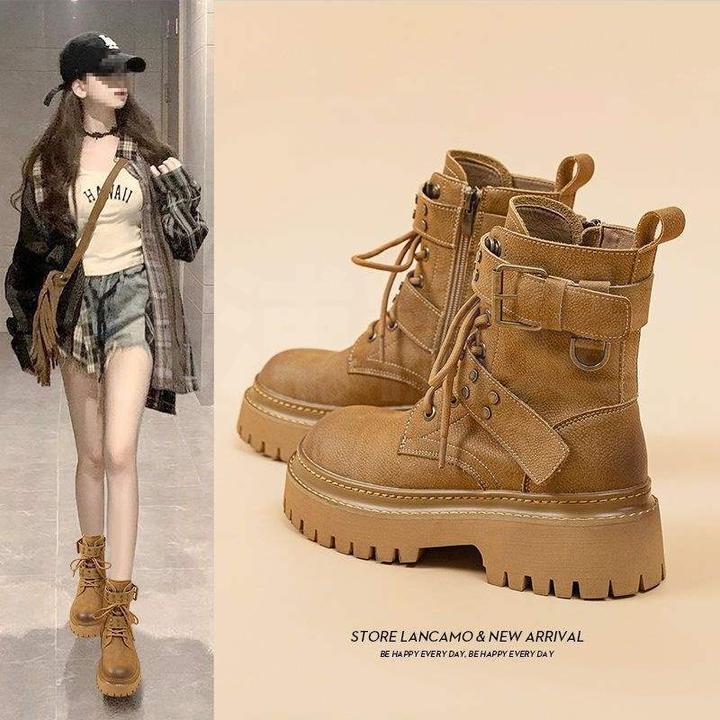 复古软皮增高马丁靴女2025秋冬新款工装短靴单靴子爆款大黄靴女鞋