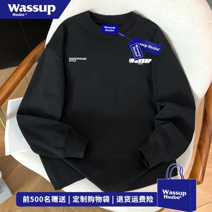 WASSUP HSUBE 秋季国潮牌百搭黑色长袖T恤几何字母印花纯棉打底衫