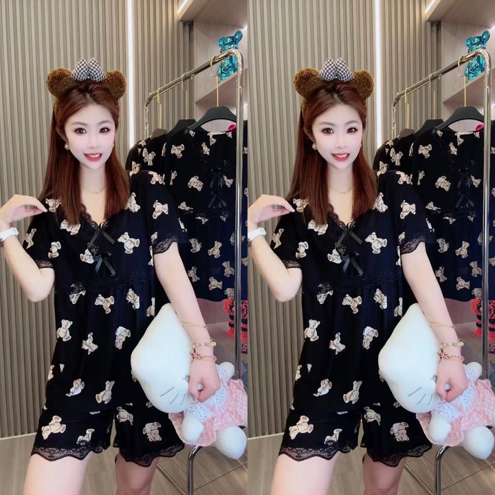 8870蕾丝边V领睡衣女套装宽松大码薄款短袖短裤家居服两件套洋气