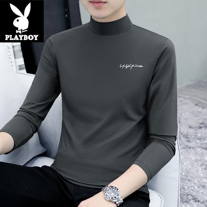 花花公子半高领长袖T恤男士秋季95棉修身打底衫中领男款上衣秋衣