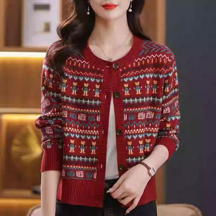 早春秋季新款针织羊毛衫女软糯复古提花开衫外套圆领短款羊绒上衣