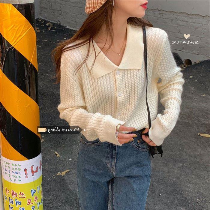 小香风翻领针织开衫毛衣打底宽松外穿外套女设计感小众麻花上衣潮