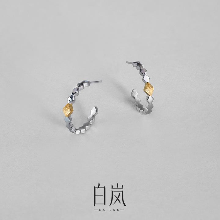 925银耳饰 【8月新品】菱格耳环耳钉纯银简约素圈原创素银女ED4753
