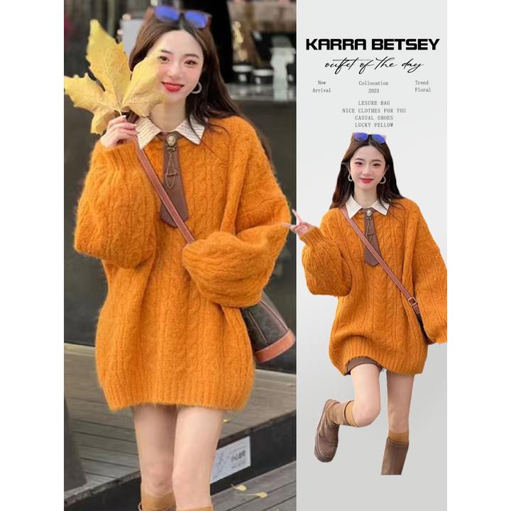 大码新款爆款慵懒风中长款套头毛衣女秋冬季宽松加厚内搭针织上衣