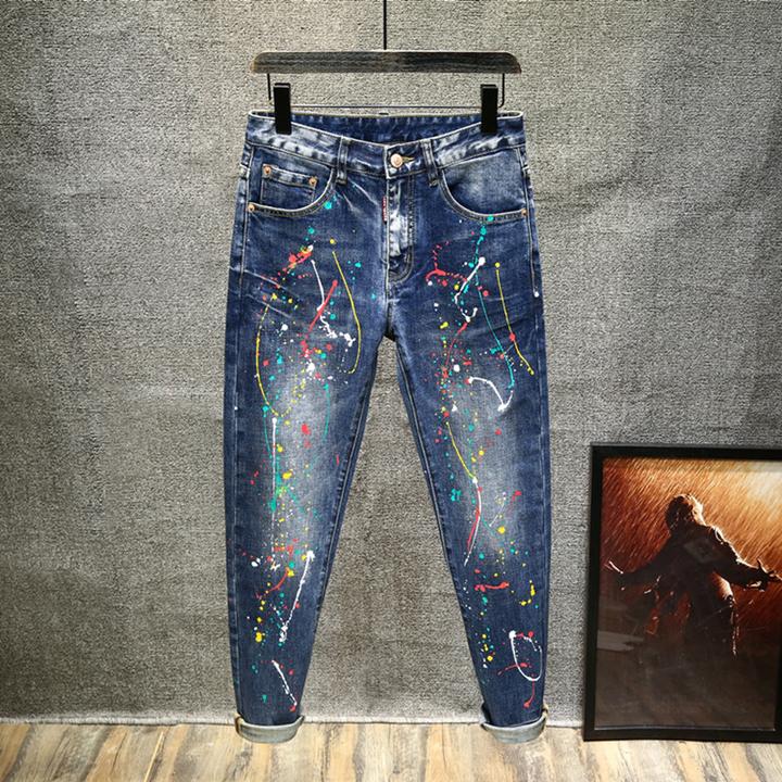 高档进口涂鸦牛仔裤男修身小脚时尚漆点泼墨春夏潮牌青年微弹长裤