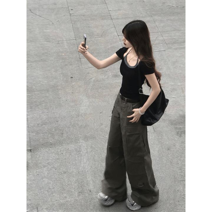 纯欲风假两件挂脖拼接短袖t恤女夏季辣妹露锁骨修身显瘦短款上衣