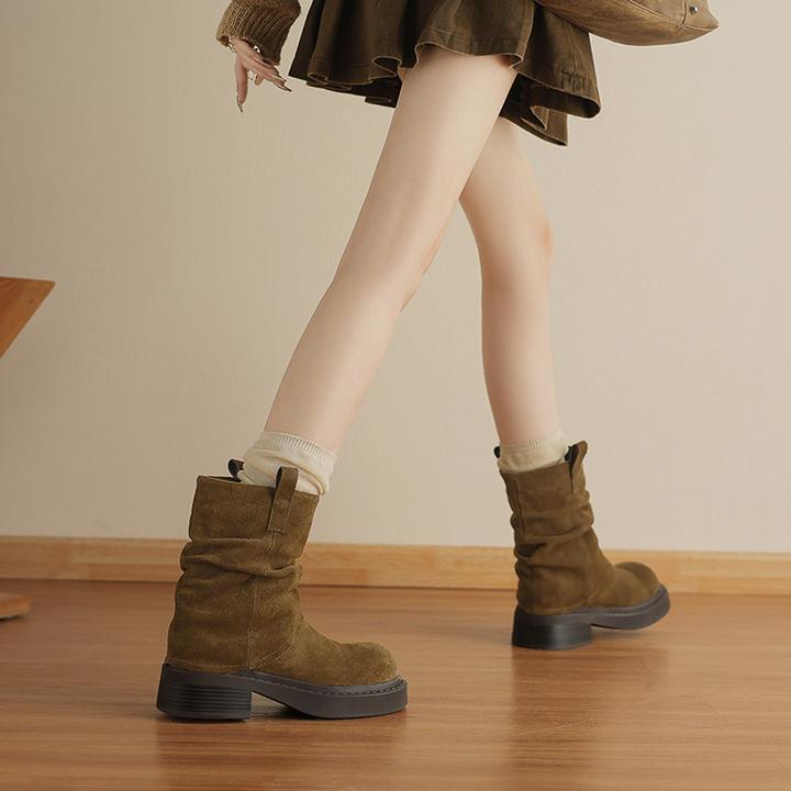 美拉德系绒面短靴女2025秋冬新款超火堆堆靴圆头套筒爆款中筒