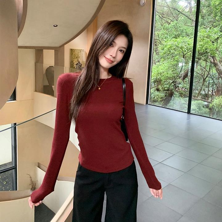 红色圆领长袖T恤女2025年秋季新款百搭打底衫女内搭修身薄款上衣