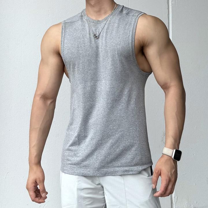 美式无缝提花运动坎肩夏季纯色速干训练健身弹力修身圆领上衣T恤