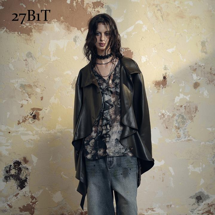 27B1T 咖色女春秋立领外套不规则荷叶边个性艺术感新款BDWWA2W364