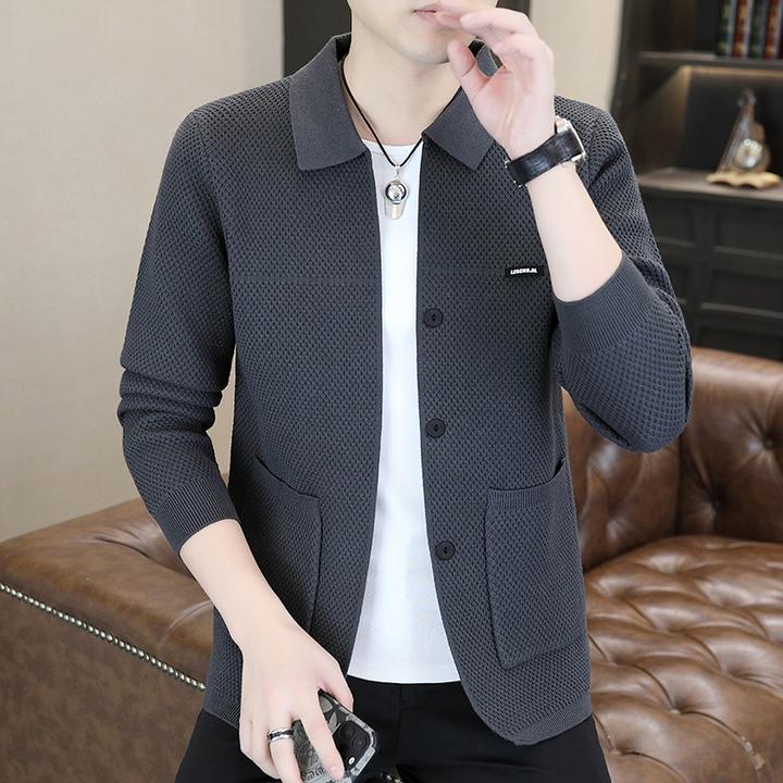 男士翻领针织衫外套春秋季新款时尚提花毛衣休闲百搭韩版开衫