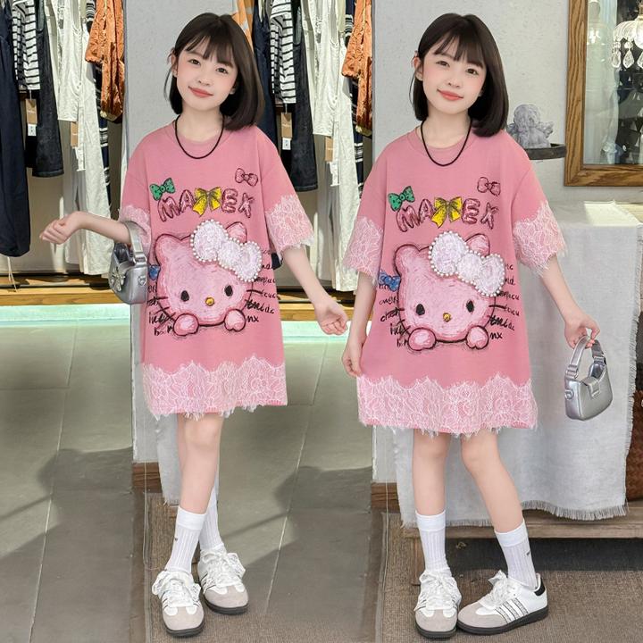女童夏季连衣裙2025新款中大童女孩洋气花边T恤裙韩系卡通公主裙