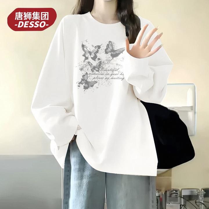 唐狮集团desso白色打底衫长袖t恤女2025新款春秋款纯棉正肩上衣