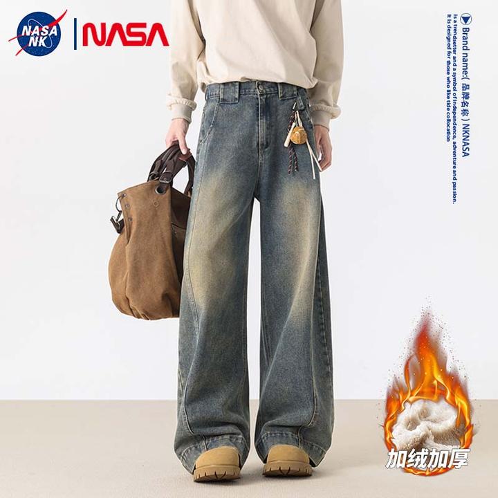 NASA联名复古潮牌阔腿牛仔裤男款秋冬季美式直筒宽松痞帅休闲裤子